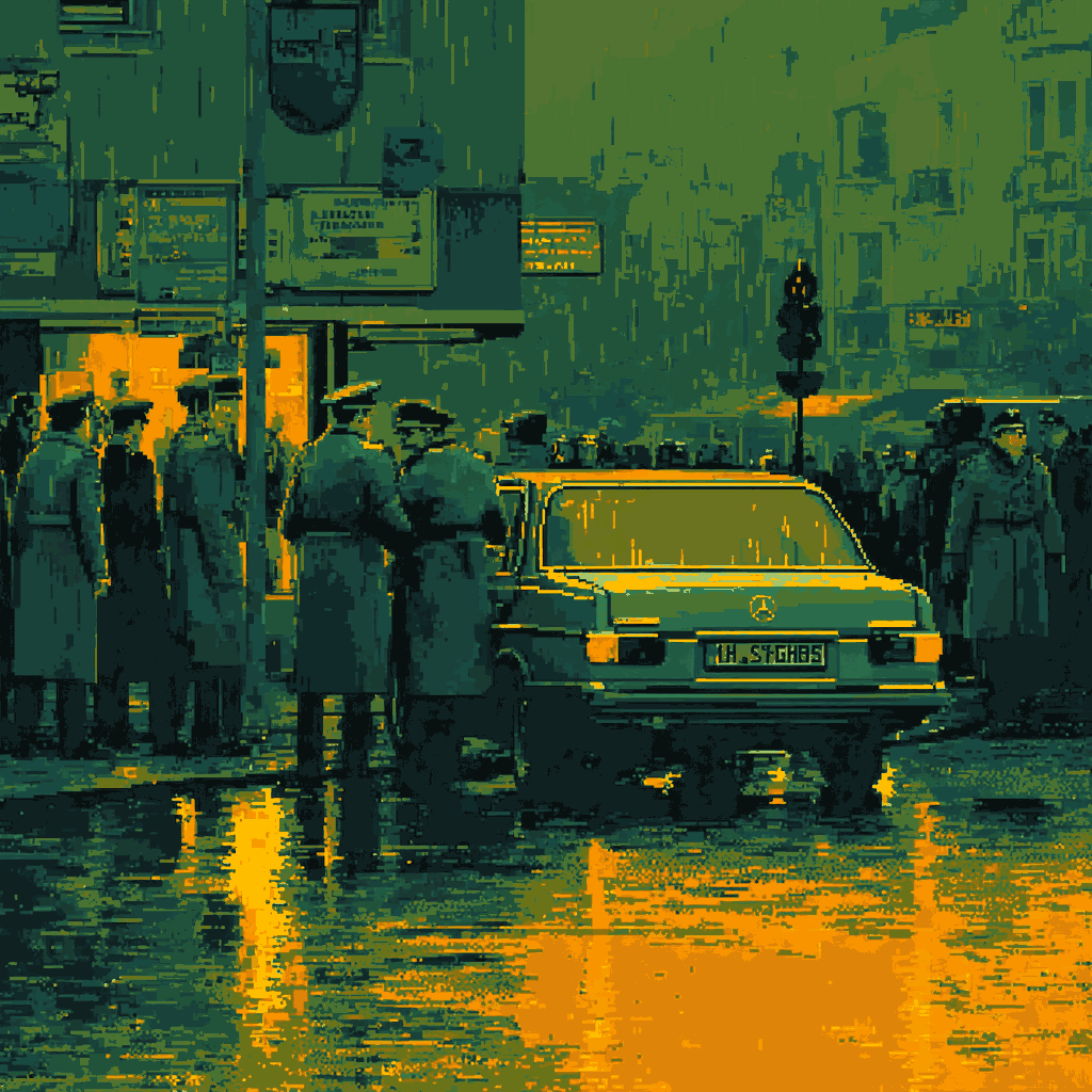A rain-slicked Berlin street at night